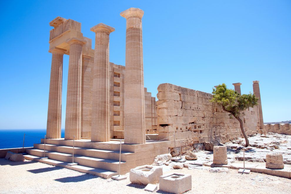 Ruins of ancient temple Lindos Rhodes island Greece amber travel