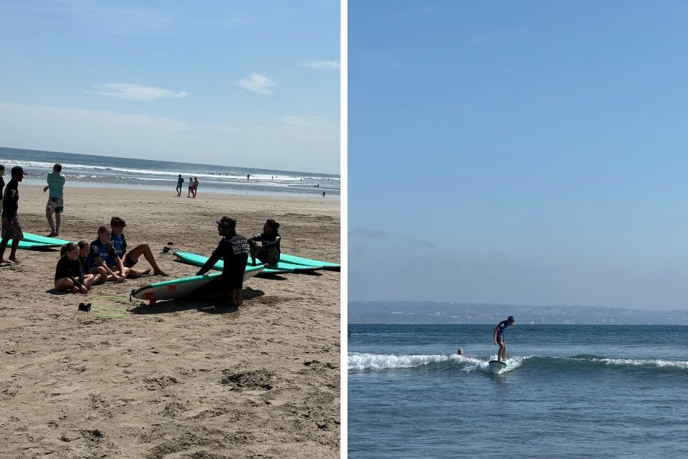 Surfing with Kids in Bali family travel worldschooling Seminyak Beach