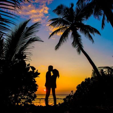 couple kissing under palm trees with orange and purple sunset behind them