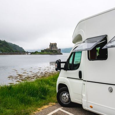 motor home parked next to a lake